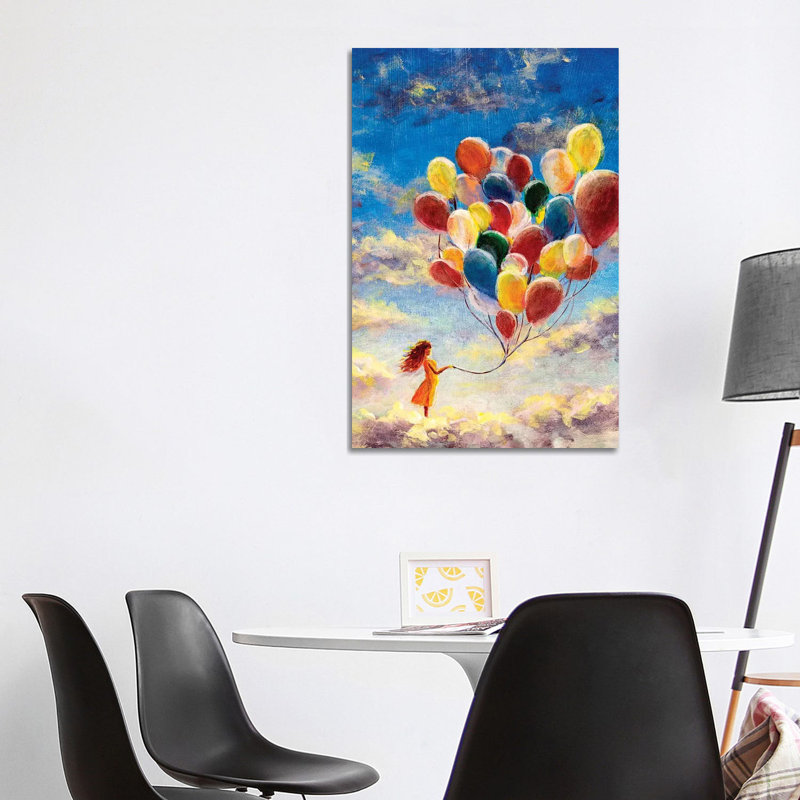 Woman Flying With Balloons Among The Clouds by Valery Rybakow - Wrapped Canvas Painting, 20.32 cm H x 30.48 cm W