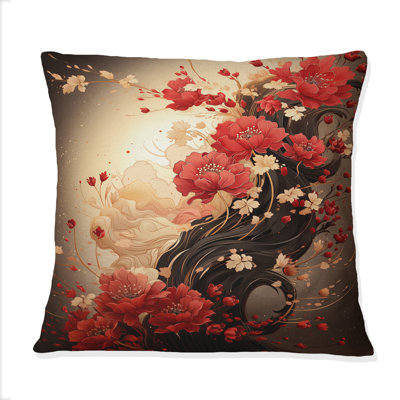 Red Chrysanthemums On Branch Japanese Retro - Chrysanthemums Printed Throw Pillow