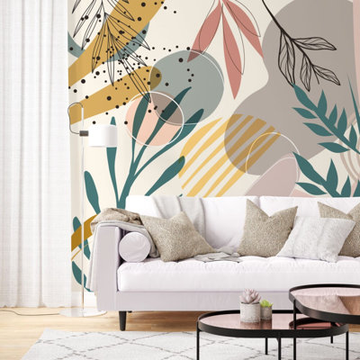 Murale formes botaniques colorées | Papier peint moderne avec feuilles abstraites | Non-tissé ou pelez et collez