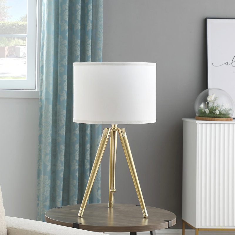 Lampe de table à trépied moderne réglable en laiton / or brillant de 35,5 po à 25,75 po de hauteur pour salon, table de chevet, lampe de chevet pour chambre à coucher, lampe DEL