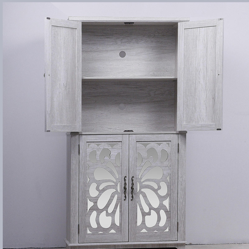 Armoire de rangement en miroir à quatre portes avec tablettes réglables, servant à la fois de vitrine et de bibliothèque