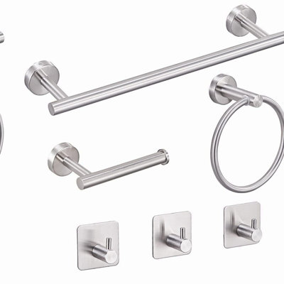 Ultimate Brushed Nickel Bathroom Hardware Set - 6 PCS Stainless Steel Wall Mounted Accessories: 16'' Towel Bar, Hand Towel Rod, Paper Holder, Towel Ring, 3 Hooks