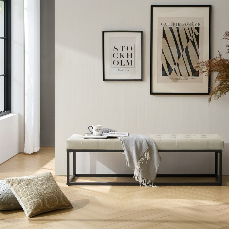 Anahli Jemaine 60.5'' W Mid-Century Modern Vegan Leather Bench with Metal Legs, Beige