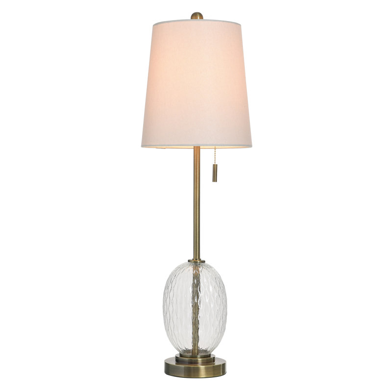 Lampe de table en métal et verre - laiton antique et verre transparent - abat-jour blanc