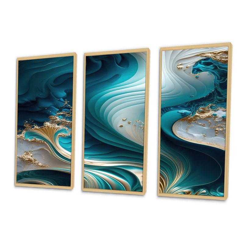 Géode abstraite turquoise III - reproduction de 3 pièces, Naturel, H 32 po x l 48 po x P 1 po