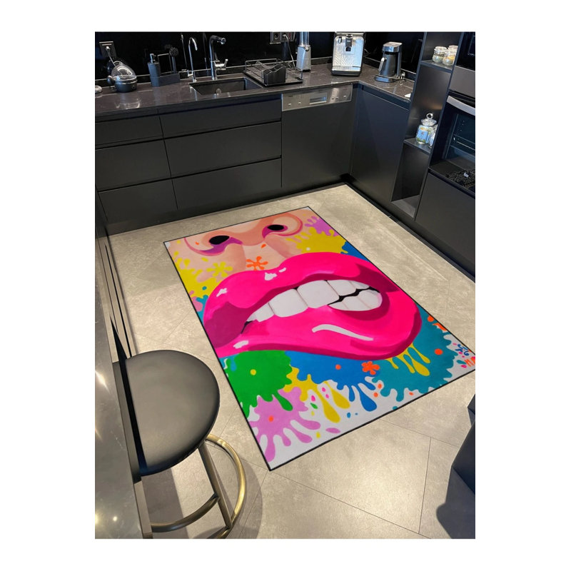 Tapis tissé avec des lèvres roses et un motif de visage humain, Rectangle 5 pi 2 po x 7 pi 7 po