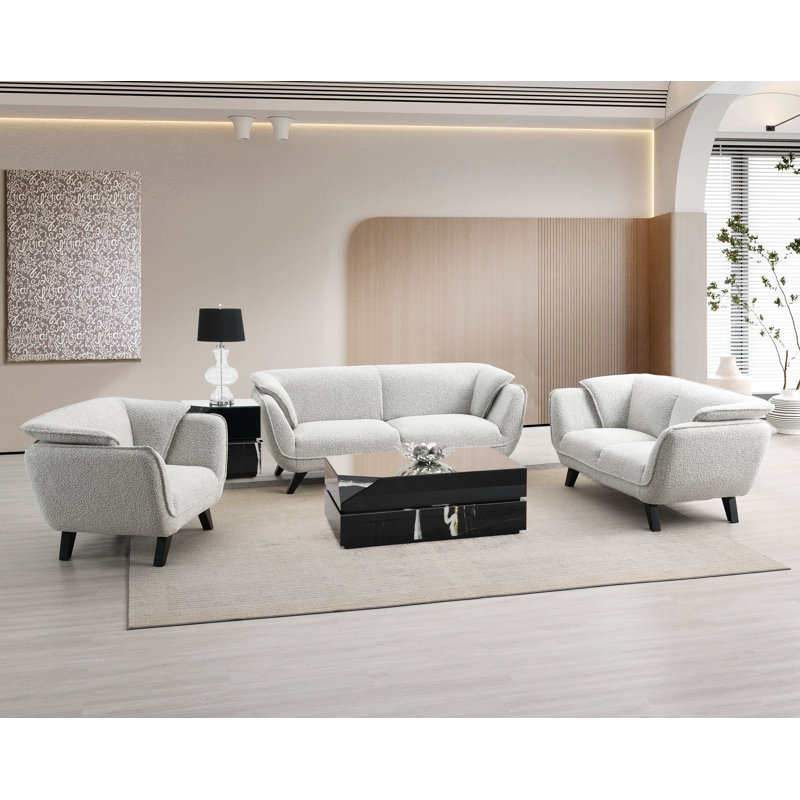 Light Gray Boucle Fabric and Wood Loveseat with Flared Arms