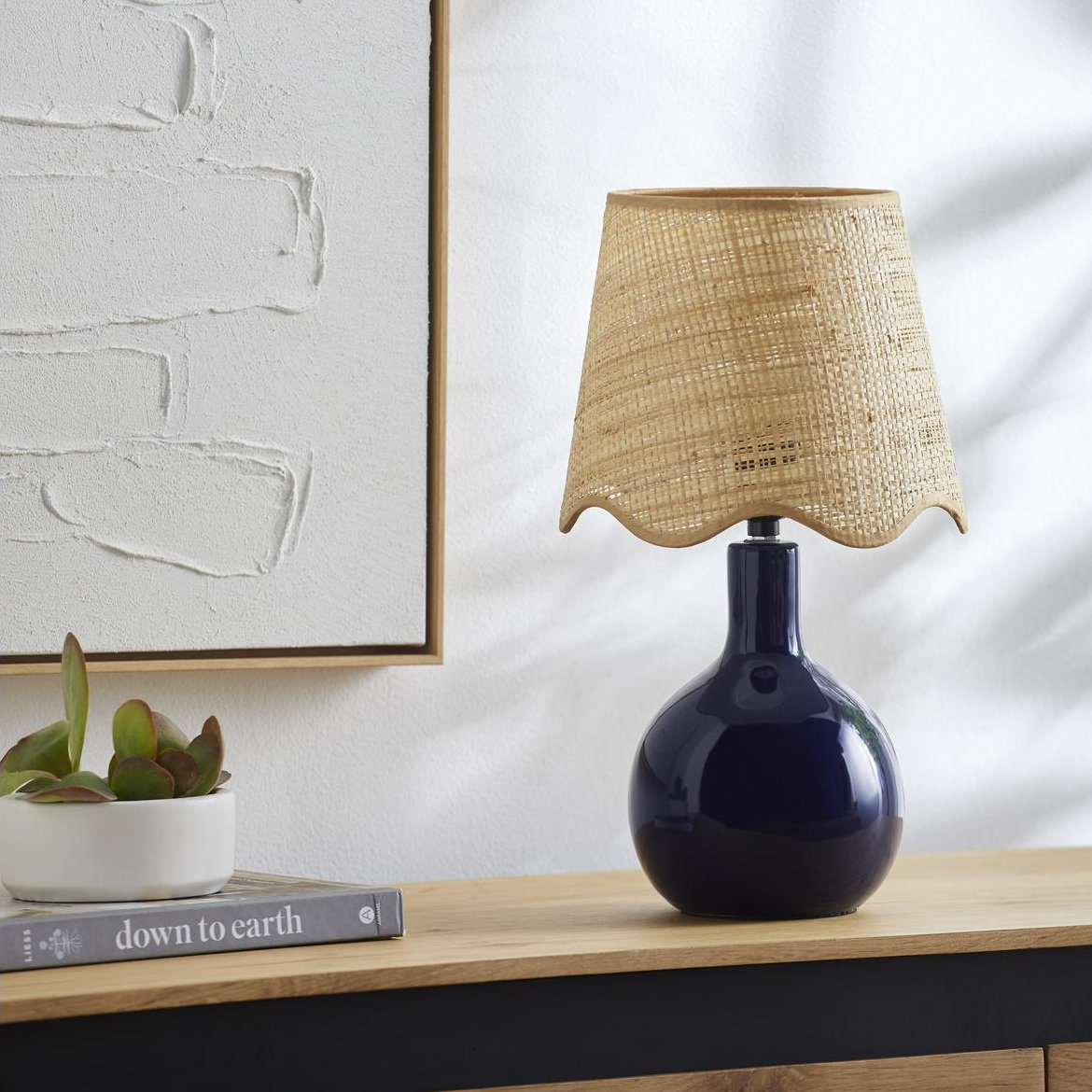 Canvey Ceramic Lamp, Tan, Navy, 15"H x 9"W x 9"D