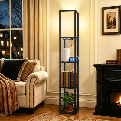 63" Column Floor Lamp With Shelves With Bulb And USB Charging Station