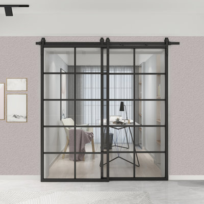 Porte de grange double en verre avec trousse de quincaillerie d'installation KDA01x2-BP