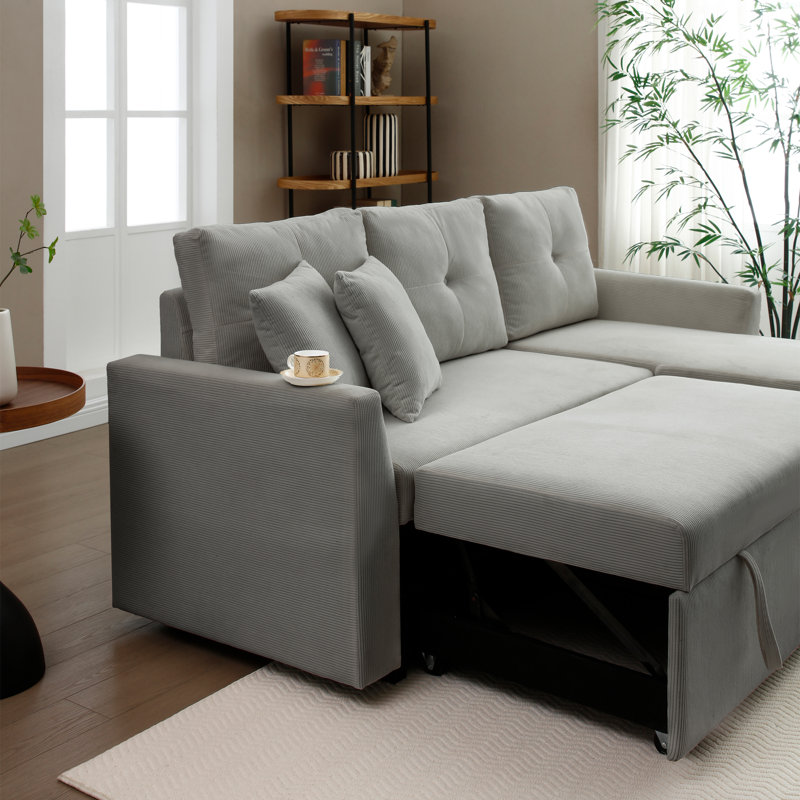 85.5'' L-Shaped Corduroy Sleeper Sofa Pull Out Bed Sectional Couch with Storage Chaise, Gray