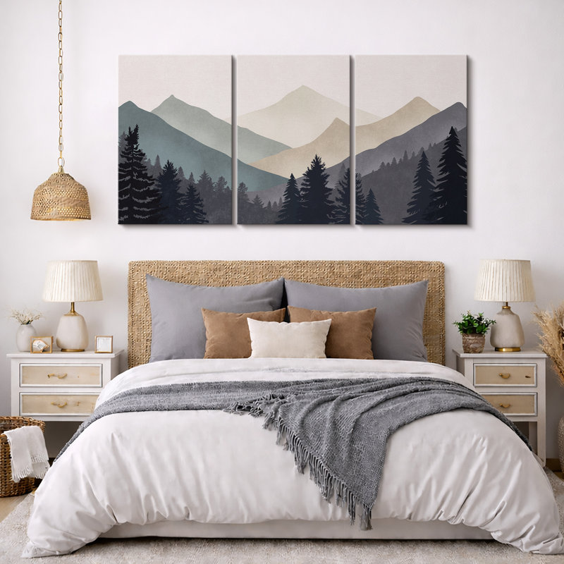 Sun Mountain Landscape "Abstract Neutral Forest Artwork, Simple Modern Minimalist Wall Pictures, Large Framed Canvas Giclee Print 3 Pieces Wall Art"
