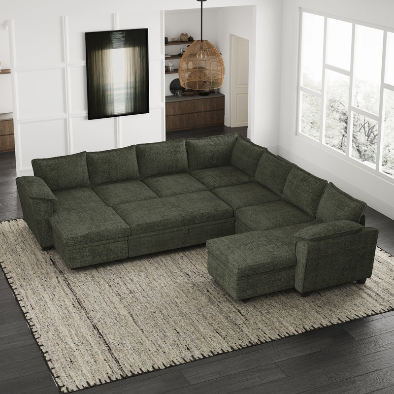 Luna Large Chenille U-Shaped Sofa Convertible Sectional King Pull Out Bed Sleeper Livingroom Apartment Storage Seat Corner Couch