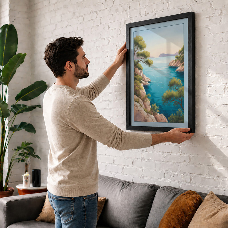 Tranquil Mediterranean Cove Coastal - Framed Print, A2 - 59.4 x 42.0 cm, Black