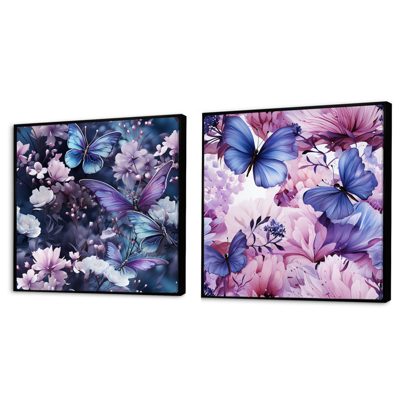 Lavender Fluttering Butterflies Pattern - Animals Butterfly Square Collage Set Of 2, 16" H x 33" W, Black Floater Framed