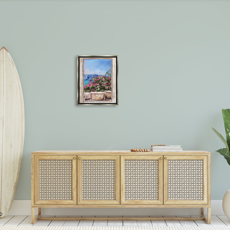 Scène de jardin à travers une fenêtre vue de mer par Ziwei Li - Peinture, H 21 po x l 17 po x P 1,7 po
