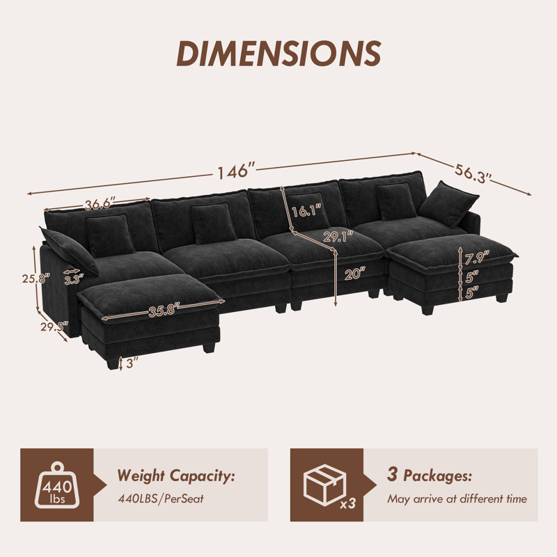 George 146.5" Modern 6 Seat Chenille U Shaped Modular Sectional Sofa With Two Ottomans, Black Chenille