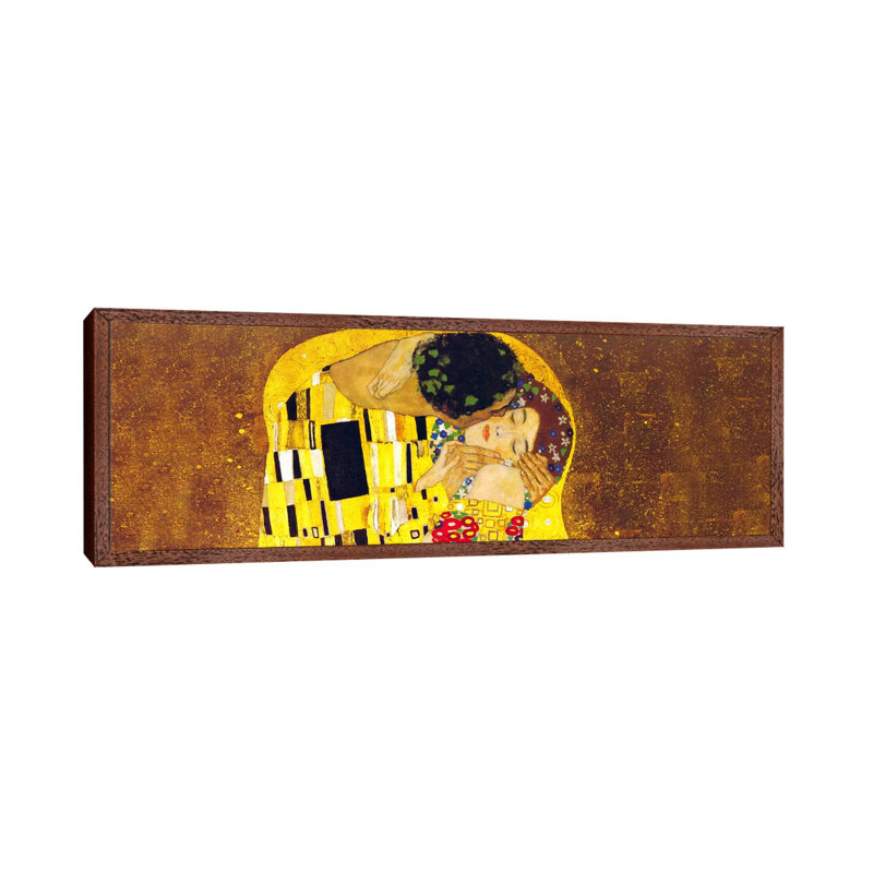 The Kiss by Gustav Klimt - Floater Frame Panoramic Painting on Canvas, Brown, 121.92 cm H x 40.64 cm W