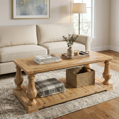 Farmhouse Coffee Table with Storage Shelf, Solid Wood Turned Legs