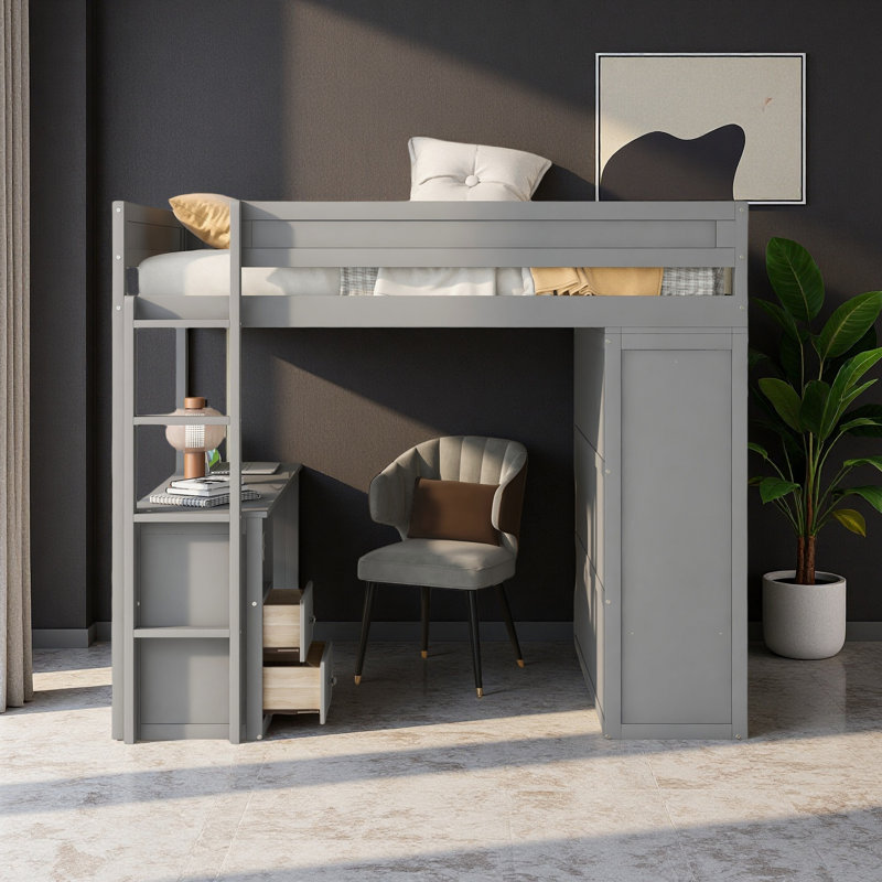 Lit mezzanine en bois avec placards et bureau à 2 tiroirs avec armoire, Lit double, Gris