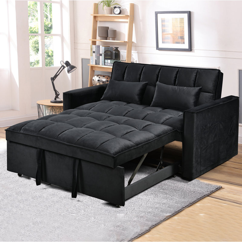 Darius 3-in-1 Convertible Velvet Sleeper Loveseat with Reclining Backrest, Black