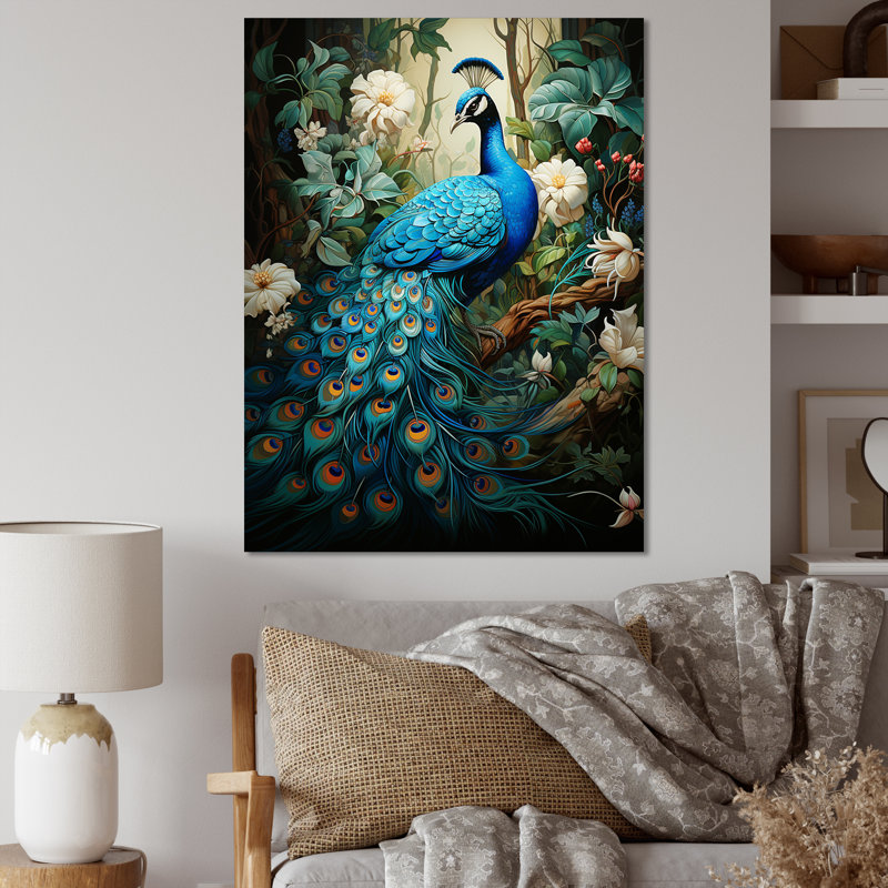 Zellie Teal Peacock - monochrome, art mural paon, H 44 po x l 34 po, Toile tendue, No Frame
