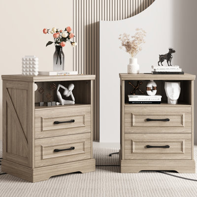 Farmhouse 2-Drawer Nightstand with Charging Station and Open Storage Shelf, 17.7" W