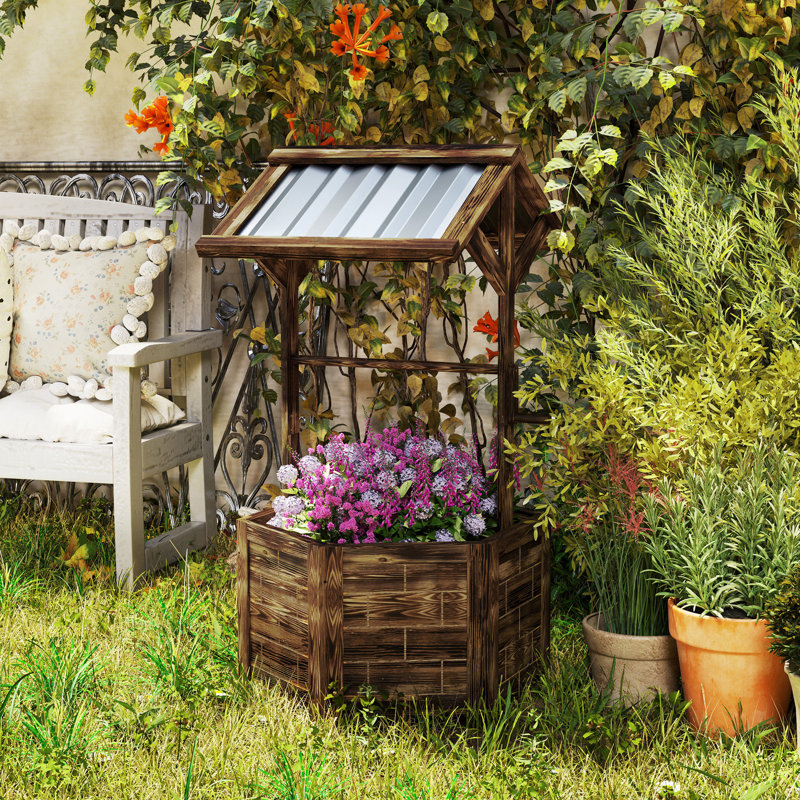 Wooden Wishing Well Planter, Raised Garden Bed with Galvanized Canopy, Hexagon Outdoor Planter Box for Flowers, Herbs and Vegetables, Tan