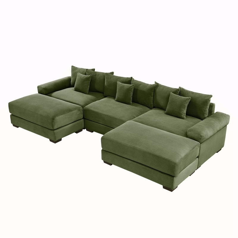Canapé modulaire surdimensionné de 130 po Cloud, tissu velours côtelé haut de gamme, accoudoirs larges à 3 places, avec méridienne, conception ergonomique, assemblage facile pour les salons, vert