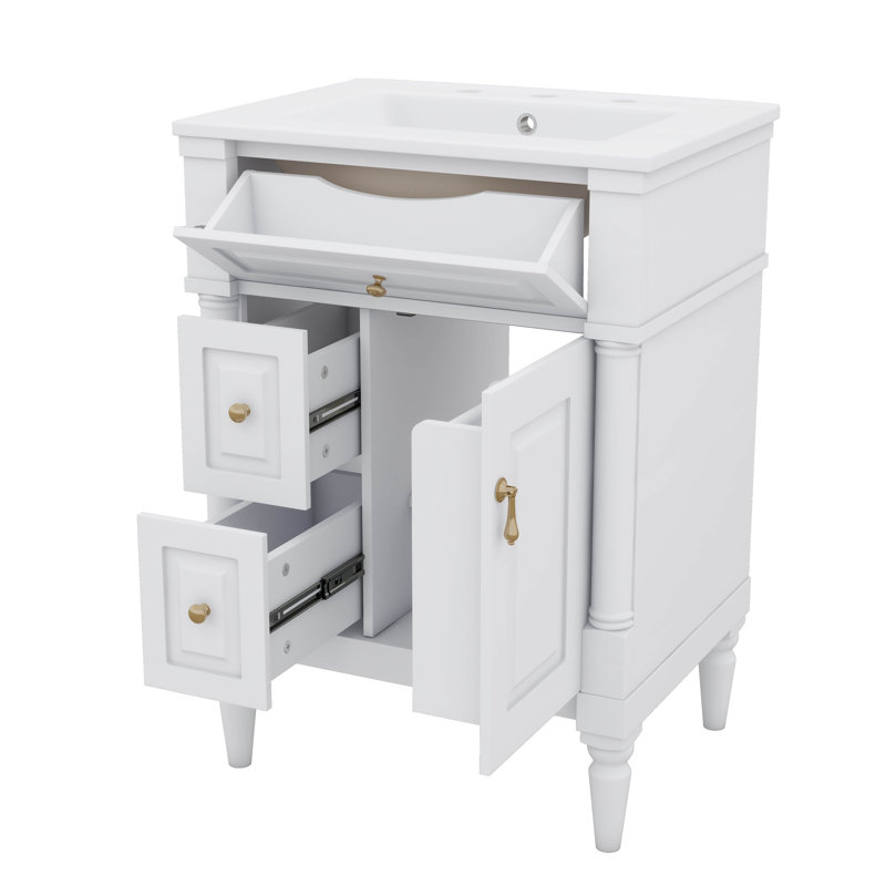Meuble-lavabo autoportant de 24 po avec lavabo, tiroir ajustable et tablette ajustable 24 po, Blanc, Doré