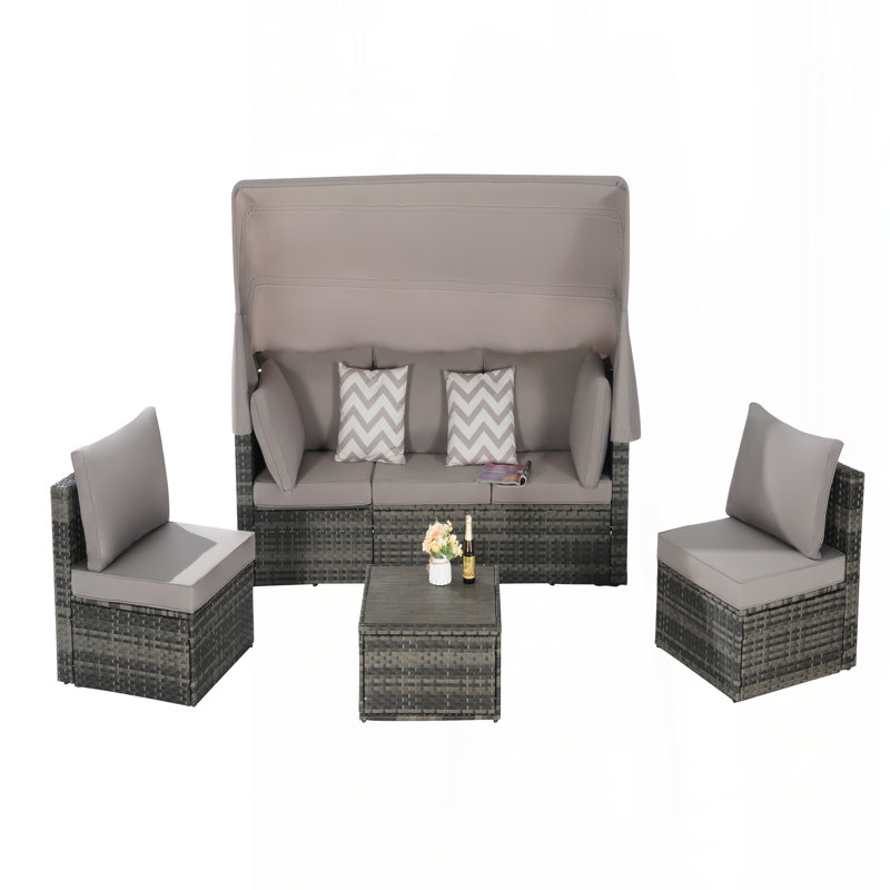 5 Pieces Outdoor Patio Wicker Daybed Furniture Set with Retractable Canopy, Storable Side Table, and Soft Cushions for Relaxing in Your Backyard or Porch