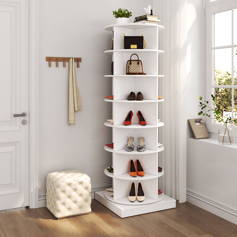 7 Layer 360 Rotating Shoe Cabinet, Shoe Organizer, Shoe Rack, 4 Compartments Per Floor, White, 65.01" H x 23.67" W x 23.67" D