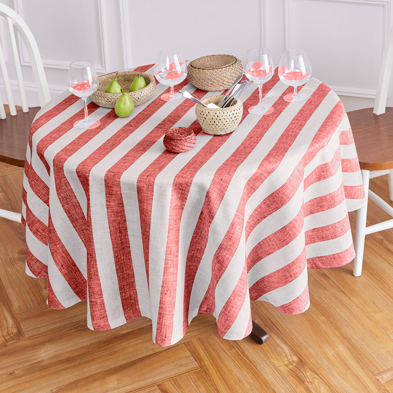 Cabana Stripe - 100% Pure Linen Round Tablecloth, Red and White, 70" Round