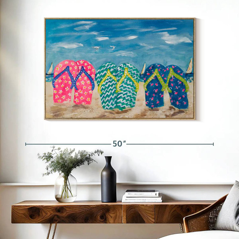 Flip Flops In The Sand, Floating Frame Natural Wood, 40" X 27"