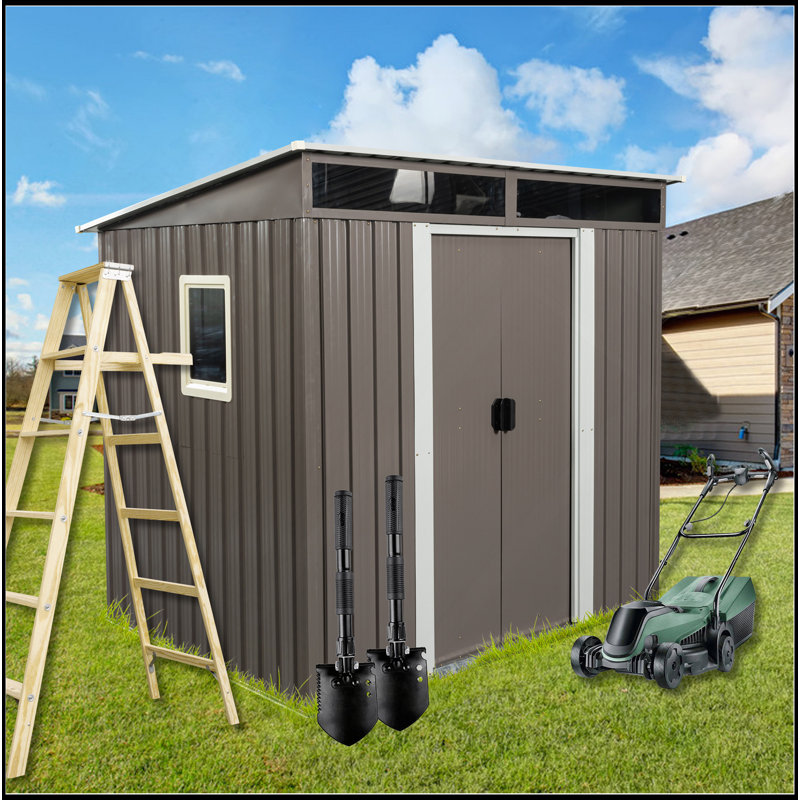 Outdoor Metal Storage Shed With Window And Transparent Plate For Garden, Lawn, Gray, 70.86" H x 72.44" W x 54.72" D