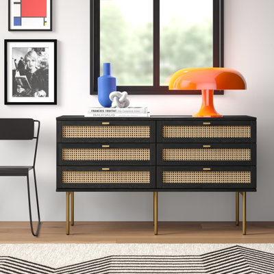 Asenath 6 Drawer 54"W Double Dresser with Rattan Design