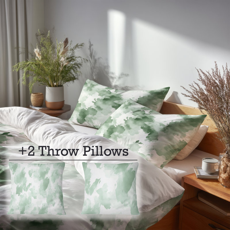 Ensemble d'édredon 6 pièces Boho - Ensemble de literie et coussin décoratif à brume verte abstraite