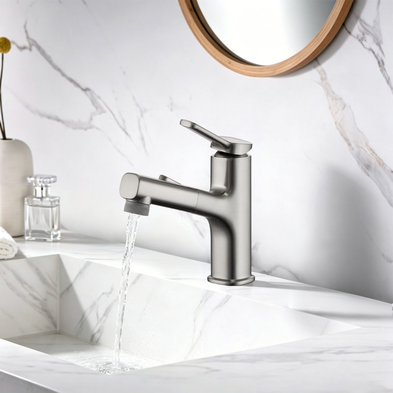 Single-Hole Single-Handle Bathroom Faucet with Pull Out Sprayer, Brushed Nickel