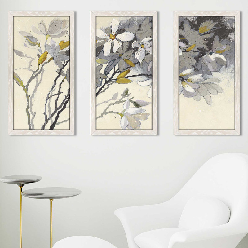 Magnolias jaune gris - peinture de cadre photo 3 pièces, L 40,5 po x H 25,5 po x P 1 po