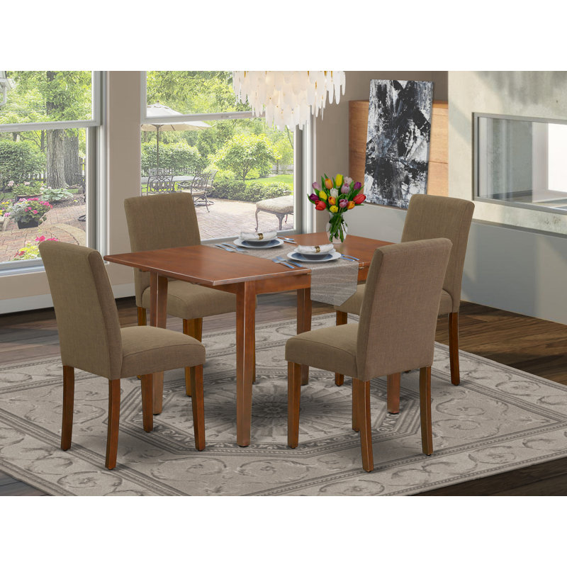 5 Piece Dining Table Set Includes a Rectangle Wooden Table with Butterfly Leaf and 4 Coffee Linen Fabric Parson Chairs, Mahogany