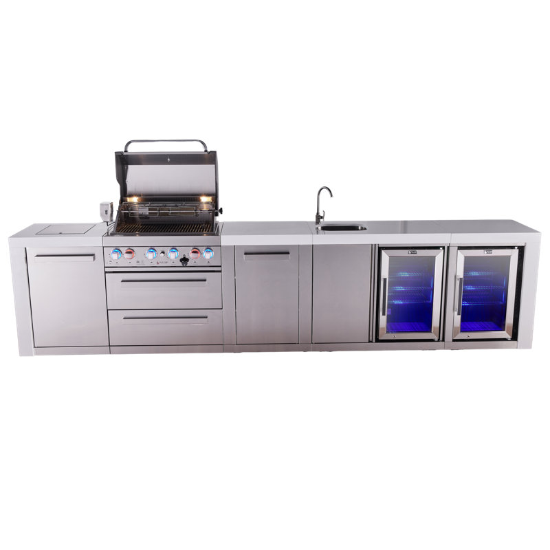 Mont Alpi Black Stainless Steel Premium 145"w X 23"d X 46"h Modular Outdoor Kitchen Island With 2 Refrigerators + Faucet & Sink Combo + 32"w 4-burner Bbq Gas Grill + Side Burner + White Granite Countertops + Natural Gas Convertible + Lifetime Warranty