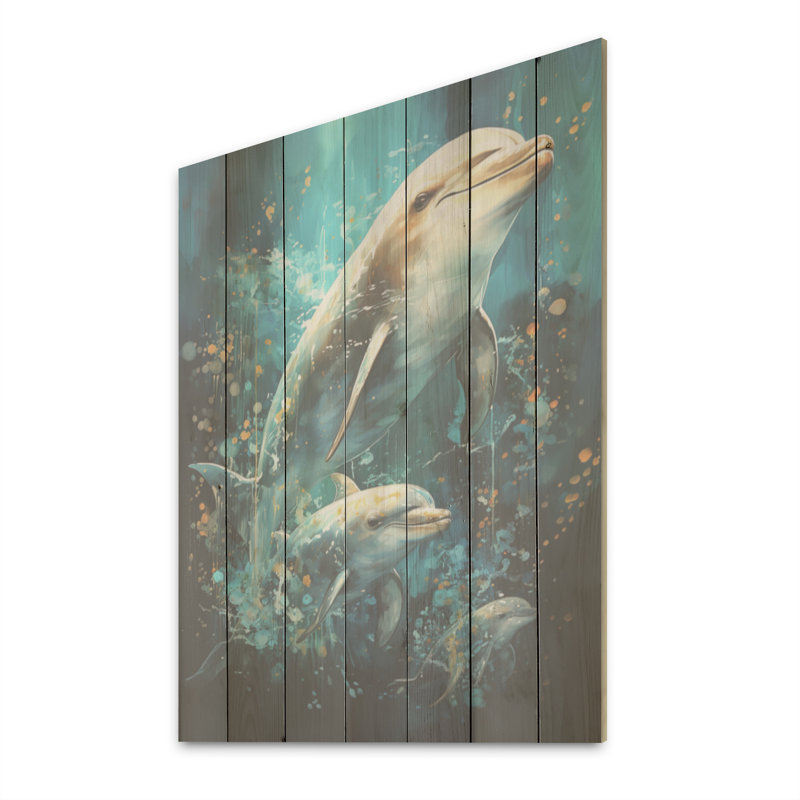 «Dolphin Aquatic Harmony», art mural sur bois de pin naturel, H 40 po x l 30 po