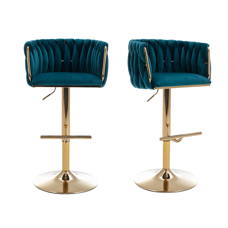 Teal Velvet Adjustable Swivel Bar Stool with Gold Base