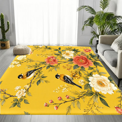 Vibrant Yellow Bird Floral Area Rug, Oriental Botanical Pattern, Non-Slip Floor Carpet, Decorative Indoor Home Decor for Living Room, Bedroom, Kitchen, Apartment, Entryway, Balcony