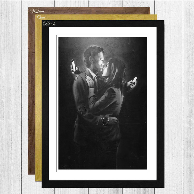 Mobile Lovers Black and White Wall Graffiti by Banksy - Framed Print, Black