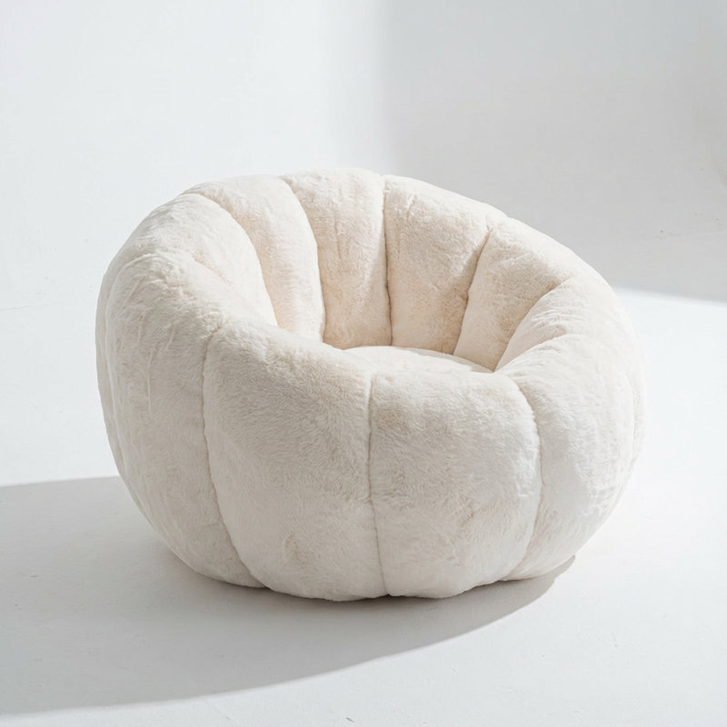 Floral-Shaped Single-Seater Bean Bag Sofa with Ultra-Soft Faux Fur and High-Density Foam Filling, Beige Faux Fur