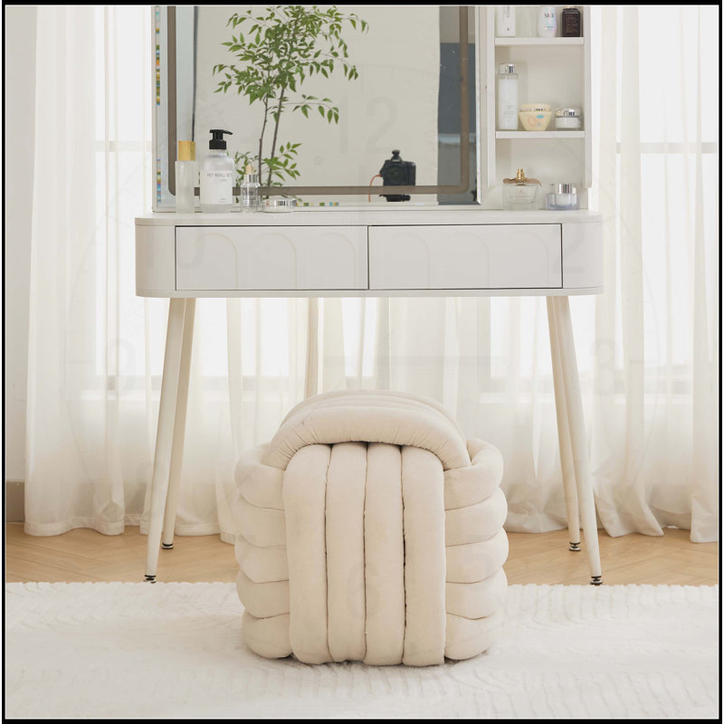 Chenille Fabric Modern Knot Design Ottoman, Comfortable and Stylish Footstool for Living Room and Bedroom, Beige