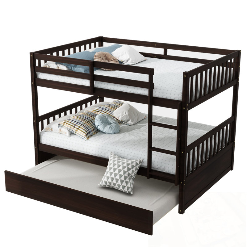 Full Over Full Bunk Bed with Trundle, Ladder and Guardrails, Espresso