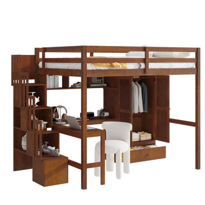 Full Size Wood Loft Bed with Desk, Bookcase & Storage Wardrobe, Built-in Staircase with Storage, Safety Guardrails & Solid Wood Slats