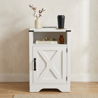 25" H Farmhouse Wooden Nightstand With Charging Station, White Rustic End Table With Storage Cabinet And Open Shelf